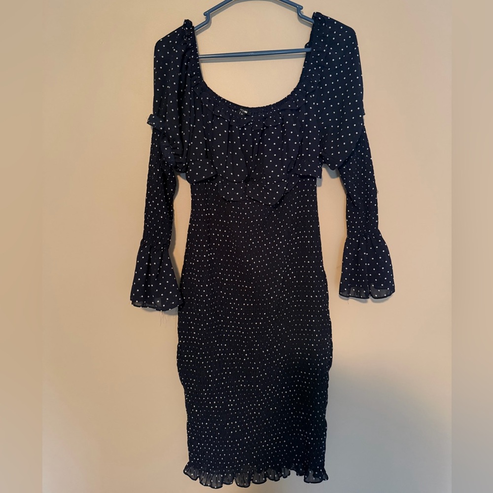 Fashion Nova Navy Blue Dress with White Polka Dots and Ruffle Sleeves